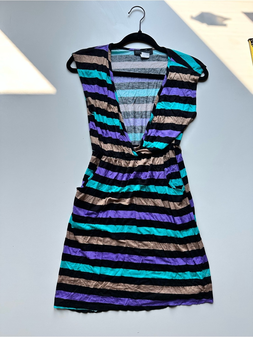 American City Wear Striped V-Neck Summer Dress in Teal, Purple, Black & Tan